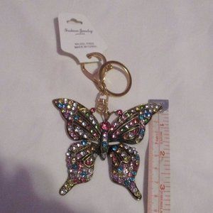 NWT Butterfly Keychain Rhinestones Goldtone